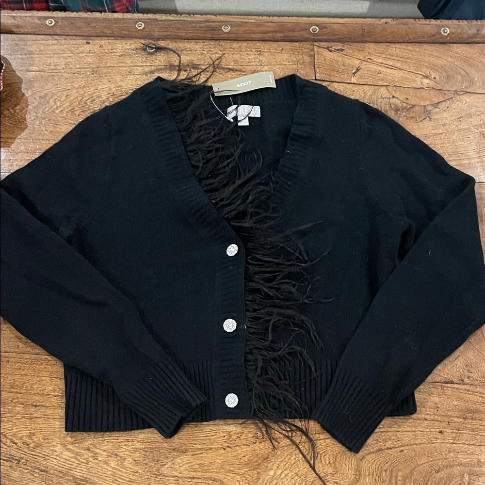 J.Crew Black Feather-Trim V-Neck Cardigan with Decorative Buttons
